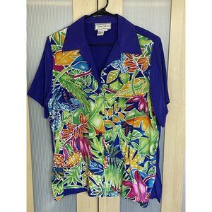 Diane Gilman Blouse Silk Floral Tropical Sequins Sz L Top Travel Boho Resort